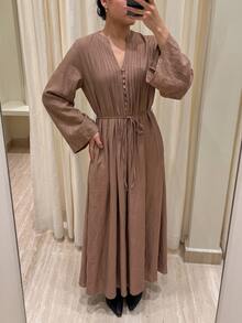 Elenzga Urban Fashion Elegant Vacation New Women's Spring/Summer Apricot V-Neck Long Sleeve Pleated Dress Suitable For Daily Wear, Wedding, Evening Party, Daily Commute, Graduation Party, Holiday Events, Vacation, Date, Party, Halloween, Christmas, New Year, Thanksgiving, Wedding - Brown - View 1