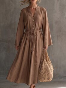 Elenzga Urban Fashion Elegant Vacation New Women's Spring/Summer Apricot V-Neck Long Sleeve Pleated Dress Suitable For Daily Wear, Wedding, Evening Party, Daily Commute, Graduation Party, Holiday Events, Vacation, Date, Party, Halloween, Christmas, New Year, Thanksgiving, Wedding - Brown - View 4