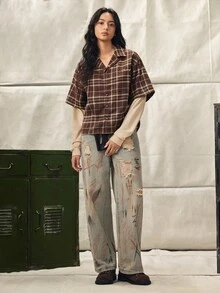 Norleigh 男士美式街頭風潑墨做舊牛仔長褲，適合日常穿著 - 彩色 - 查看 5