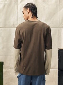 Norleigh 男士春秋休閒寬鬆長袖T恤 標準尺寸 棕色&杏色拼接印花 - 咖啡棕 - 查看 2