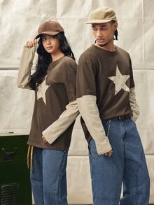 Norleigh 男士春秋休閒寬鬆長袖T恤 標準尺寸 棕色&杏色拼接印花 - 咖啡棕 - 查看 10