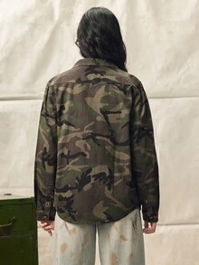 Norleigh 男士迷彩印花鈕扣前襟牛仔襯衫，橄欖綠秋季街頭風長袖上衣，附貼袋，適合徒步、派對與狩獵，情侶中性款 - 軍綠色 - 查看 3