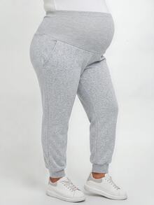 Plussiva Plus Size Maternity Solid Color Adjustable Waist Casual Daily Long Pants - Grey - View 2