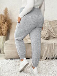 Plussiva Plus Size Maternity Solid Color Adjustable Waist Casual Daily Long Pants - Grey - View 4