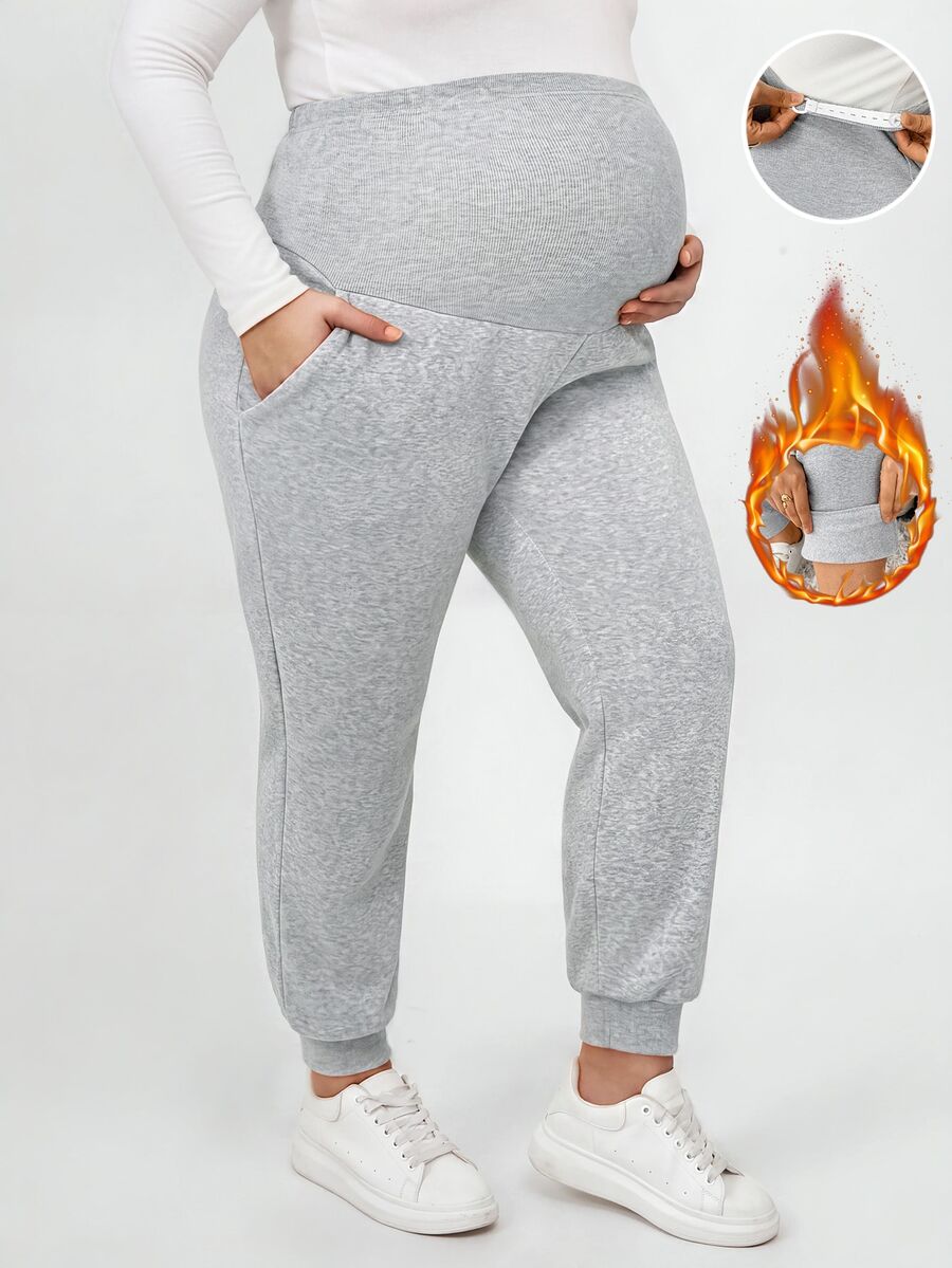 Plussiva Plus Size Maternity Solid Color Adjustable Waist Casual Daily Long Pants - Grey - View 1