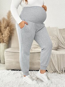 Plussiva Plus Size Maternity Solid Color Adjustable Waist Casual Daily Long Pants - Grey - View 7