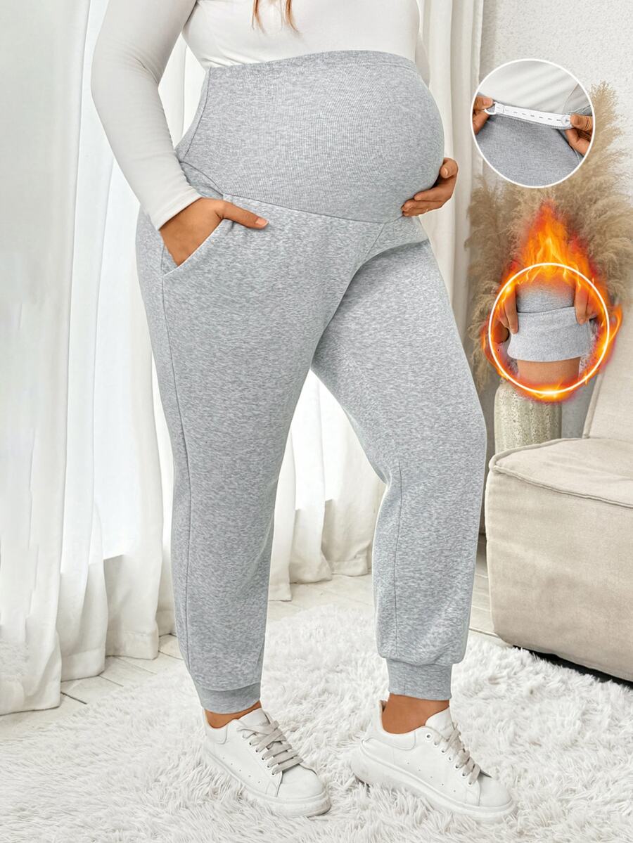 Plussiva Plus Size Maternity Solid Color Adjustable Waist Casual Daily Long Pants - Grey - View 1