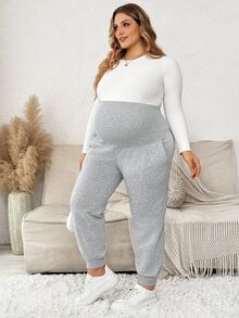 Plussiva Plus Size Maternity Solid Color Adjustable Waist Casual Daily Long Pants - Grey - View 5