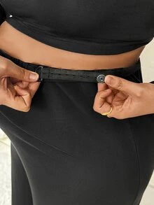 Plussiva Plus Size Maternity Solid Color Long Sleeve T-Shirt And Adjustable Waist Wide Leg Pants Casual 2 Pieces Set - Black - View 8