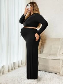 Plussiva Plus Size Maternity Solid Color Long Sleeve T-Shirt And Adjustable Waist Wide Leg Pants Casual 2 Pieces Set - Black - View 9