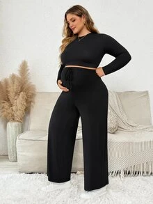 Plussiva Plus Size Maternity Solid Color Long Sleeve T-Shirt And Adjustable Waist Wide Leg Pants Casual 2 Pieces Set - Black - View 5