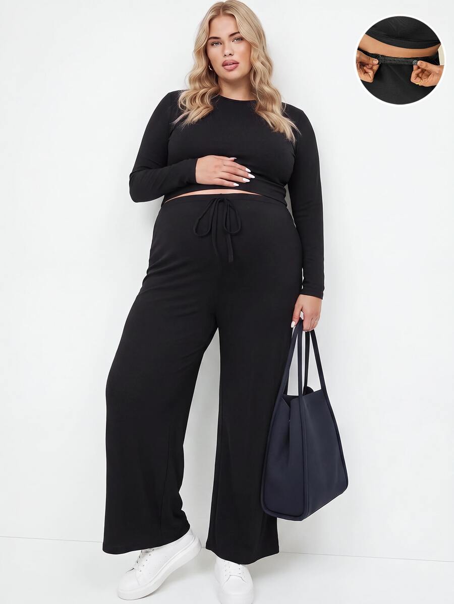Plussiva Plus Size Maternity Solid Color Long Sleeve T-Shirt And Adjustable Waist Wide Leg Pants Casual 2 Pieces Set - Black - View 1