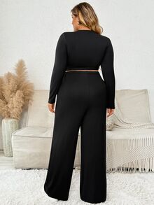 Plussiva Plus Size Maternity Solid Color Long Sleeve T-Shirt And Adjustable Waist Wide Leg Pants Casual 2 Pieces Set - Black - View 4