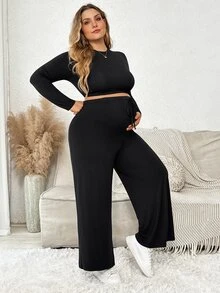 Plussiva Plus Size Maternity Solid Color Long Sleeve T-Shirt And Adjustable Waist Wide Leg Pants Casual 2 Pieces Set - Black - View 6