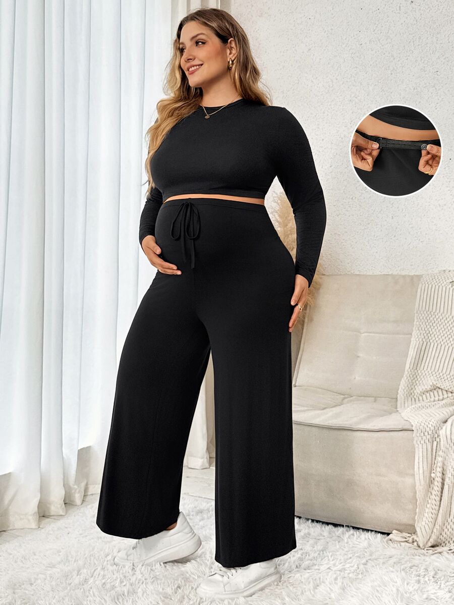 Plussiva Plus Size Maternity Solid Color Long Sleeve T-Shirt And Adjustable Waist Wide Leg Pants Casual 2 Pieces Set - Black - View 1