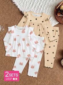 SHEIN 4件組女嬰上衣褲子套裝 可愛米色粉色愛心小貓印花 荷葉邊波浪飾邊 長袖圓領 常規版 生日秋季 Katseye 公主風保暖 - 彩色 - 查看 2