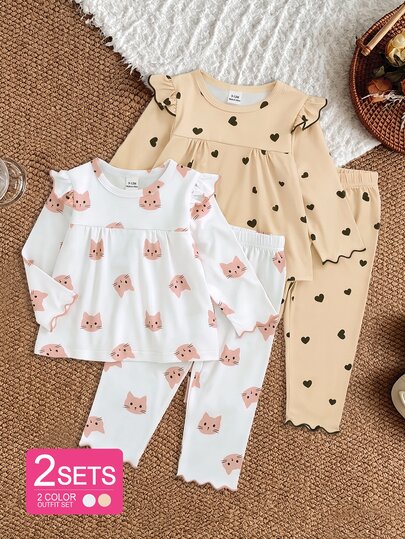 SHEIN 4pcs Set Atasan dan Celana Bayi Perempuan Lucu Warna Beige Pink Motif Hati Kucing Bergelombang Lengan Panjang Leher Bulat Ukuran Reguler Ulang Tahun Musim Gugur Katseye Princess Nyaman