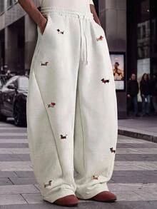 GETOML Men's Dachshund Embroidered Drawstring Waist Loose Casual Long Pants, Baggy, Wide Leg Sweatpants - Light Grey - View 7
