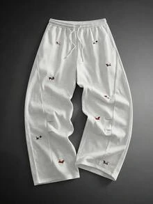 GETOML Men's Dachshund Embroidered Drawstring Waist Loose Casual Long Pants, Baggy, Wide Leg Sweatpants - Light Grey - View 2