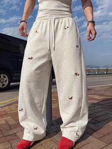 GETOML Men's Dachshund Embroidered Drawstring Waist Loose Casual Long Pants, Baggy, Wide Leg Sweatpants - Light Grey - View 3