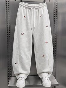 GETOML Men's Dachshund Embroidered Drawstring Waist Loose Casual Long Pants, Baggy, Wide Leg Sweatpants - Light Grey - View 1