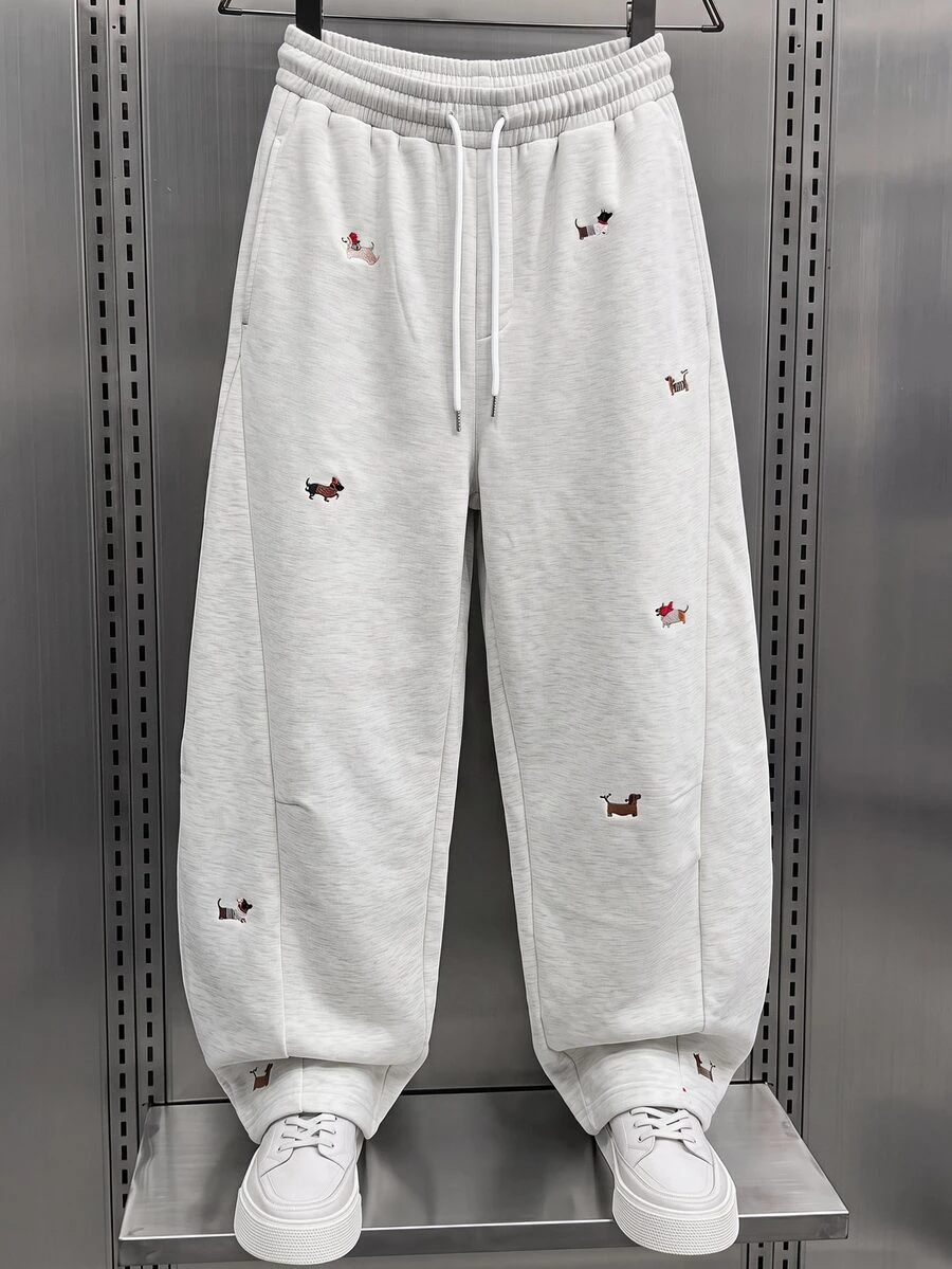GETOML Men's Dachshund Embroidered Drawstring Waist Loose Casual Long Pants, Baggy, Wide Leg Sweatpants - Light Grey - View 1