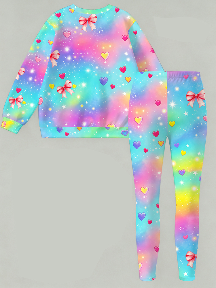Young Girls Fall Tie-Dye Bow Print Crew Neck Sweatshirt & Colorful Leggings 2-Piece Set, Casual Winter Outfit - Multicolor - View 2