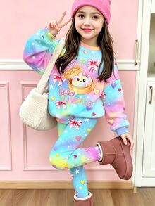 Young Girls Fall Tie-Dye Bow Print Crew Neck Sweatshirt & Colorful Leggings 2-Piece Set, Casual Winter Outfit - Multicolor - View 1