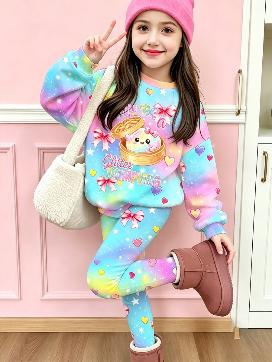 Young Girls Fall Tie-Dye Bow Print Crew Neck Sweatshirt & Colorful Leggings 2-Piece Set, Casual Winter Outfit - Multicolor - View 1