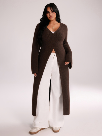 Rustia Autumn/Winter Soft Long Coffee-Colored Versatile High-Slit Slim-Fit V-Neck Long Sleeve Cardigan Knit Sweater
