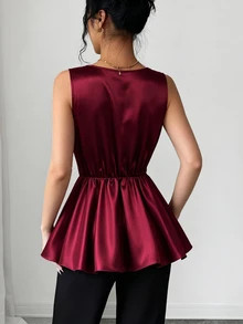 Elenzga New Draped Hem Ruffle Hem Casual Commuter Versatile Women's Shirt - Burgundy - View 2