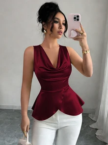 Elenzga New Draped Hem Ruffle Hem Casual Commuter Versatile Women's Shirt - Burgundy - View 3
