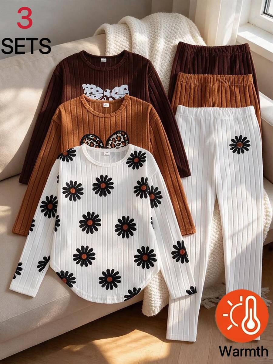 SHEIN 青少年女孩秋季套裝上衣 T-shirt 兩件式套裝,假日穿搭,休閒舒適日常可愛風 - 彩色 - 查看 1