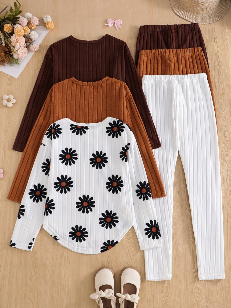 SHEIN Tween Girls Fall Outfits Fall Tops Fall T-Shirt Co-Ords, Holiday Outfits, Casual, Comfortable, Daily, Cute - Multicolor - View 2