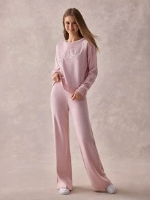 SHEIN Casual Contrast Color Love And Heart Shape Pattern Embroidery Crew Neck Cute Sweater And Pants - Pink - View 4
