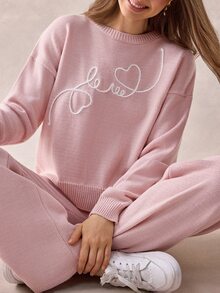 SHEIN Casual Contrast Color Love And Heart Shape Pattern Embroidery Crew Neck Cute Sweater And Pants - Pink - View 2