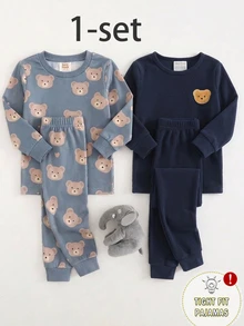 SHEIN 2pcs/Set Baby Boys Knit Crew Neck Long Sleeve Pants Navy Blue Bear Embroidery Patch Design Fleece Fabric Simple Casual Comfortable Soft Fitted Home Wear Set All Season Spring Autumn Winter - Burnt Orange - View 1