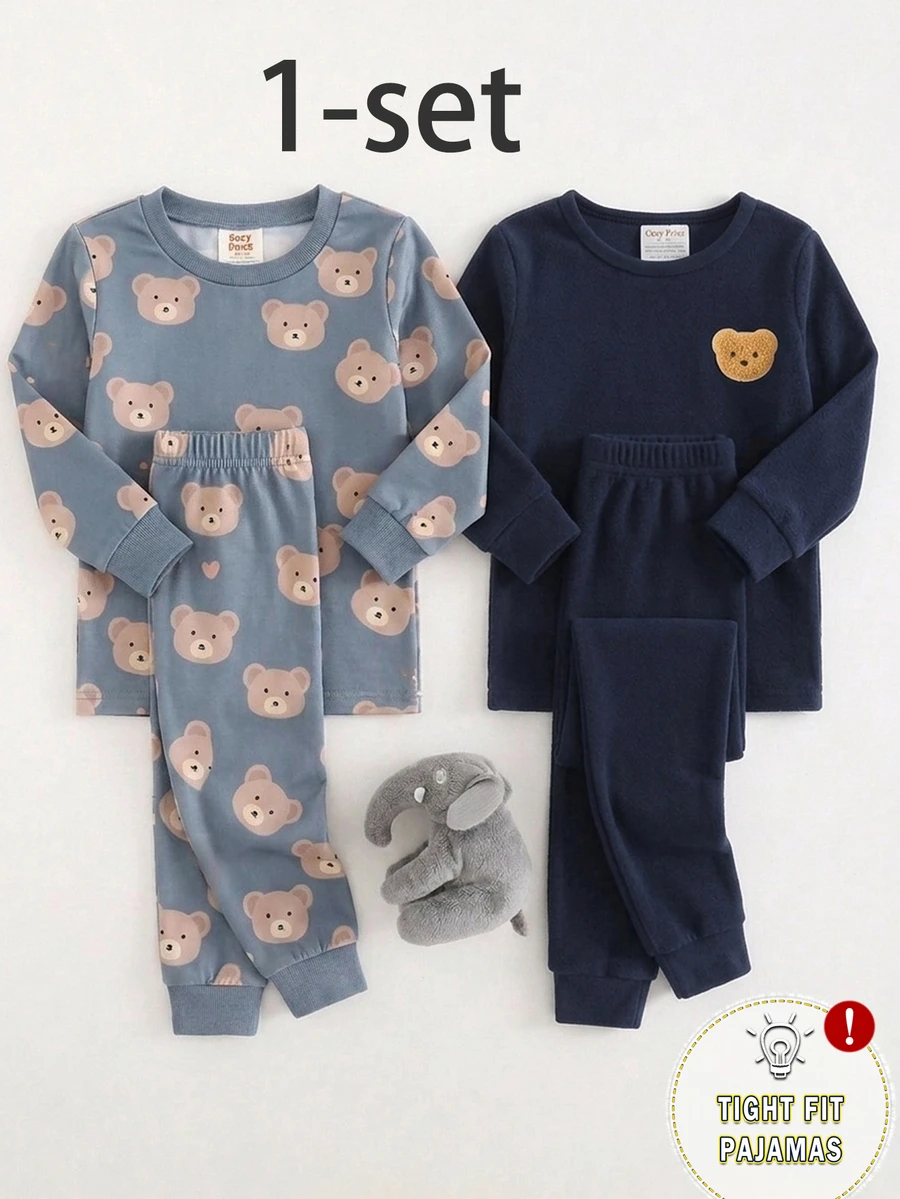 SHEIN 2pcs/Set Baby Boys Knit Crew Neck Long Sleeve Pants Navy Blue Bear Embroidery Patch Design Fleece Fabric Simple Casual Comfortable Soft Fitted Home Wear Set All Season Spring Autumn Winter - Burnt Orange - View 1
