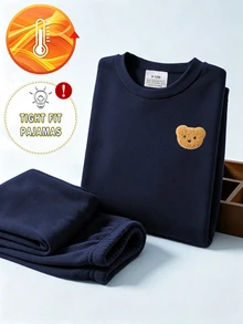 SHEIN 2pcs/Set Baby Boys Knit Crew Neck Long Sleeve Pants Navy Blue Bear Embroidery Patch Design Fleece Fabric Simple Casual Comfortable Soft Fitted Home Wear Set All Season Spring Autumn Winter - Burnt Orange - View 5