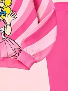 幼女秋季卡通公主愛心條紋圖案衛衣與純色內搭褲2件套，甜美休閒秋冬套裝 - 彩色 - 查看 7