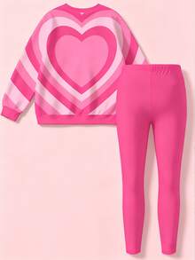 幼女秋季卡通公主愛心條紋圖案衛衣與純色內搭褲2件套，甜美休閒秋冬套裝 - 彩色 - 查看 2