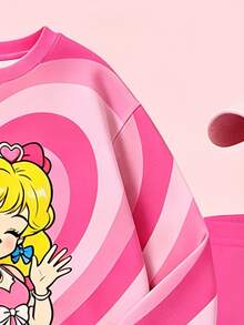 幼女秋季卡通公主愛心條紋圖案衛衣與純色內搭褲2件套，甜美休閒秋冬套裝 - 彩色 - 查看 5