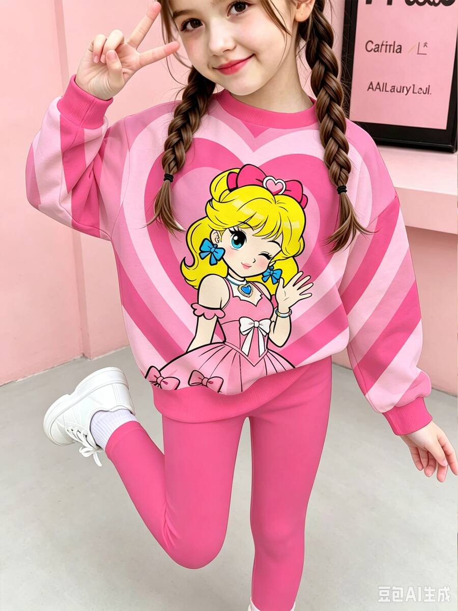 幼女秋季卡通公主愛心條紋圖案衛衣與純色內搭褲2件套,甜美休閒秋冬套裝 - 彩色 - 查看 1