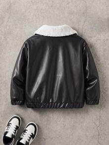 SHEIN Vacaura Toddler Boys PU Leather Zip Up Jacket With Contrast Sherpa Collar, Casual Long Sleeve Bomber Outerwear For Fall Winter - Black - View 4