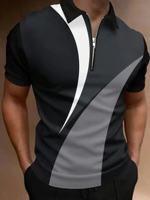 Manfinity Homme Men Half Placket Zipper Color Block Short Sleeve Vintage Golf Collared Polo Shirt, For Daddy, Formal - Multicolor - View 1