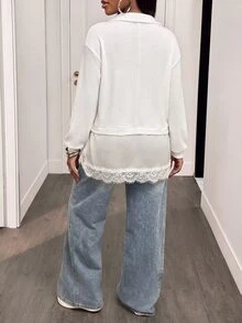 Glyssa Women's Versatile Fashion Lace Patchwork Long Sleeve Sweatshirt - White - View 2