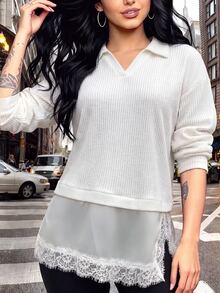 Glyssa Women's Versatile Fashion Lace Patchwork Long Sleeve Sweatshirt - White - View 3