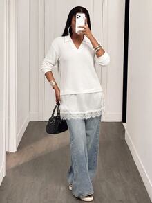 Glyssa Women's Versatile Fashion Lace Patchwork Long Sleeve Sweatshirt - White - View 1