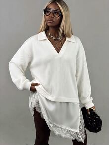 Glyssa Women's Versatile Fashion Lace Patchwork Long Sleeve Sweatshirt - White - View 5