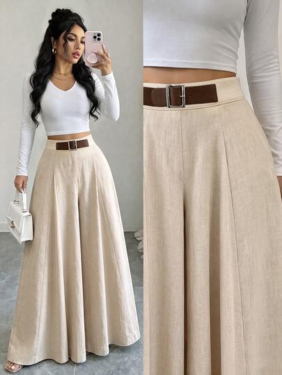 Elenzga Apricot Leather Buckle Decor Linen High Waist Wide Leg Pants, Autumn/Winter Design, Flared Slim Fit Elegant Commute Casual Pants